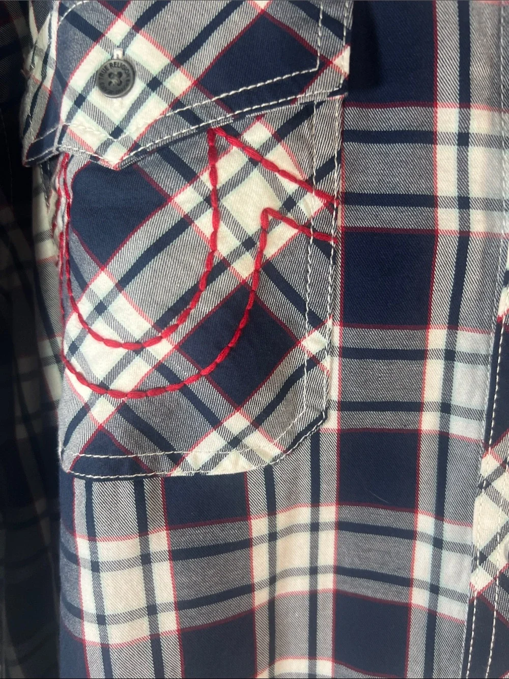 True Religion Navy and White Plaid Button-Down Shirt